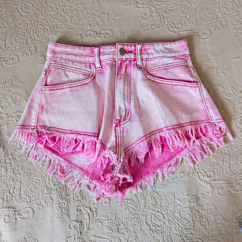 SHEIN Pink/White Denim Cut Off Fringe Hem Shorts 5-Pocket Button Size 26